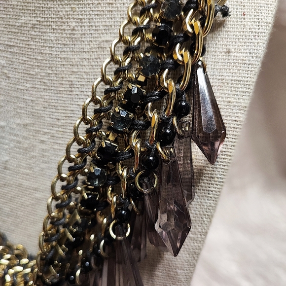 Smoke Acrylic Plastic Faceted Teardrop Black Prong Set Gold Rhinestone Necklace - Picture 7 of 13
